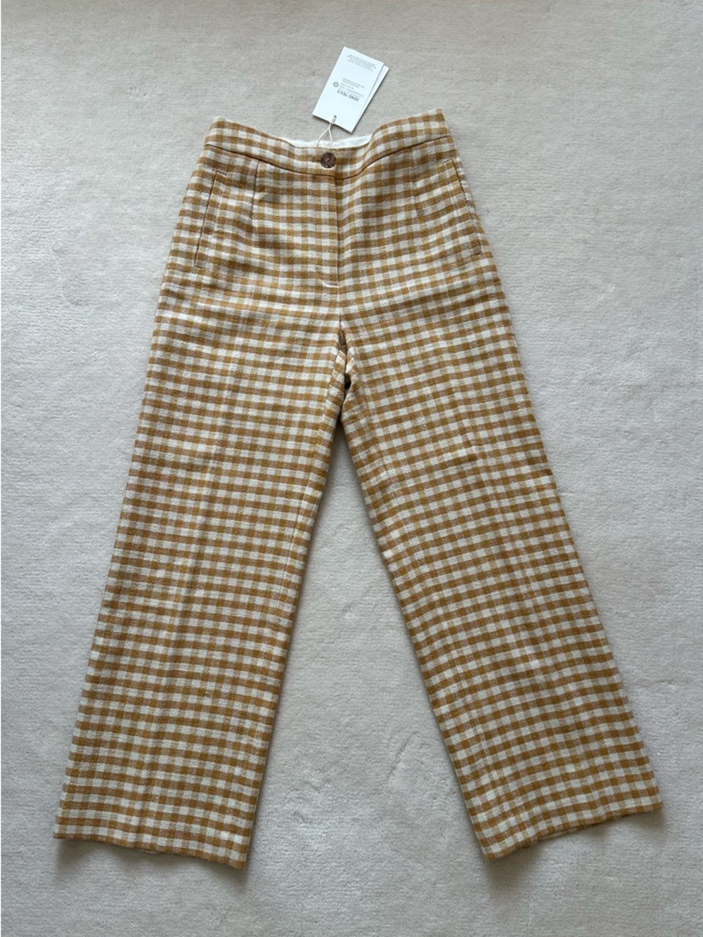 NWT Sezane Martin Cropped Pants, Ochre Ecru Gingham Pattern Size 34 US 2 - Picture 2 of 7